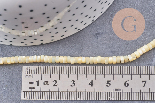 Perle heishi nacre naturelle jaune pastel, perle tube coquillage coloré,2x4mm, fil de 20cm, x1 (G4476)