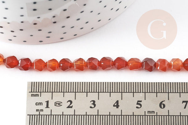Perle hexagone cornaline naturelle, pierre naturelle, 6-7mm, fil de 38cm, x1 (G4371)