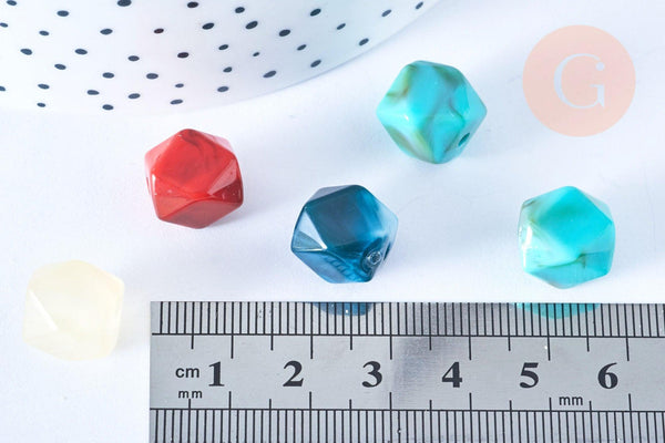 Perle hexagone imitation gemme plastique multicolore 11.5mm, perle plastique coloré, couleurs mélangées,x 10 perles G6402