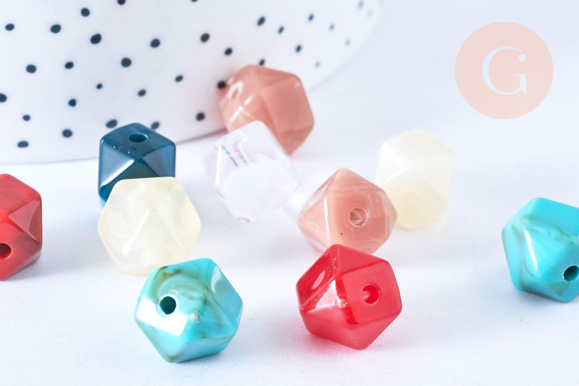 Perle hexagone imitation gemme plastique multicolore 11.5mm, perle plastique coloré, couleurs mélangées,x 10 perles G6402