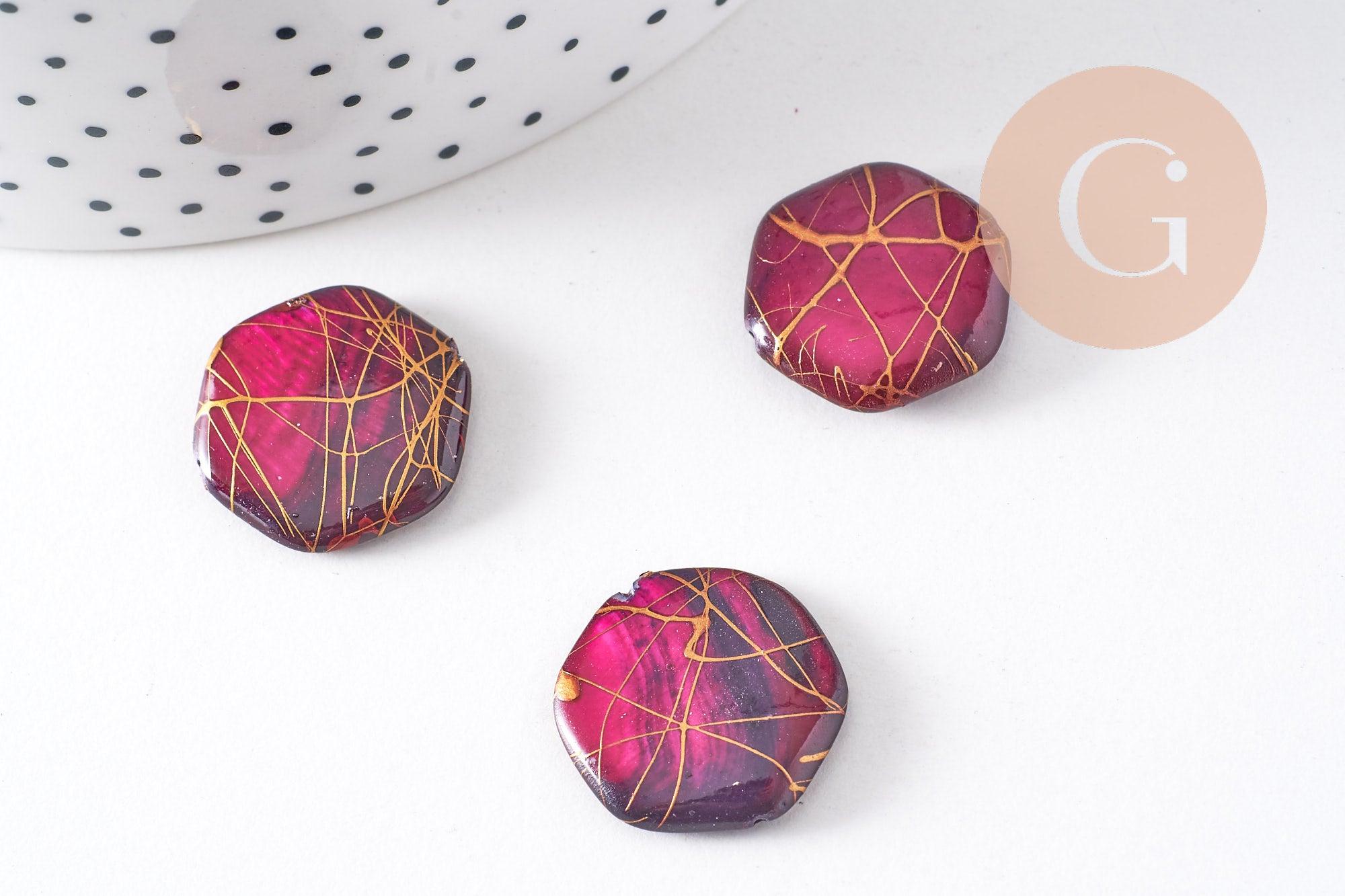 Perle hexagone nacre naturelle rose fuchsia or 20mm, x20 perles (G3855)