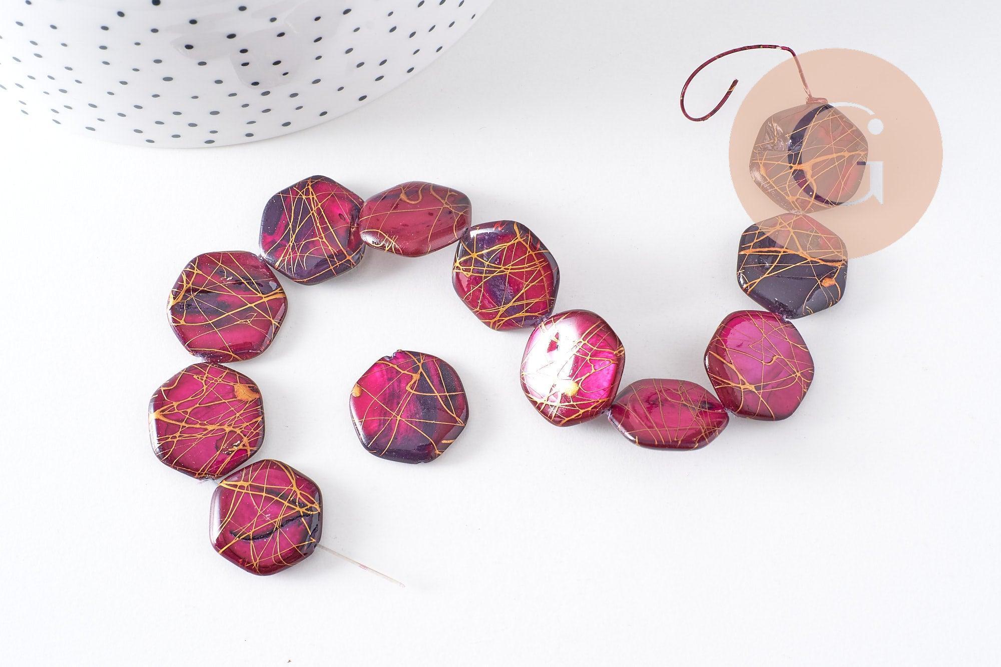 Perle hexagone nacre naturelle rose fuchsia or 20mm, x20 perles (G3855)