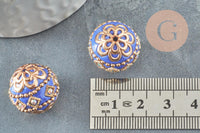 Perle indonésienne polymère bleu roi strass et zamac doré 19.5mm, x1 (G6254)