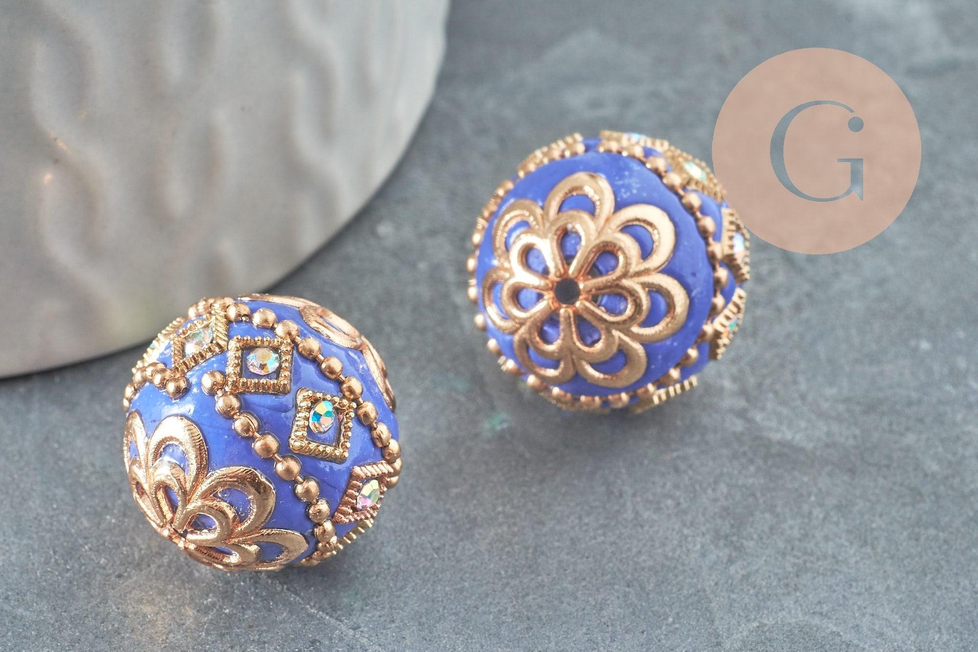 Perle indonésienne polymère bleu roi strass et zamac doré 19.5mm, x1 (G6254)