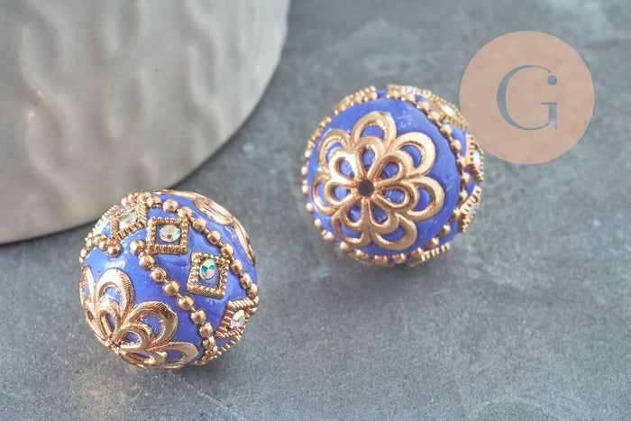 Perle indonésienne polymère bleu roi strass et zamac doré 19.5mm, x1 (G6254)