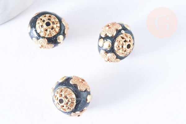 Perle indonesienne polymère noir strass et zamac doré 14mm,bijou ethnique exotique, x1 (G6570)