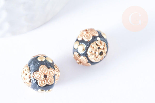 Perle indonesienne polymère noir strass et zamac doré 14mm,bijou ethnique exotique, x1 (G6570)