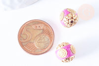 Perle indonesienne polymère rose fuchsia strass et zamac doré 12mm, ethnique exotique, x1 (G6571)