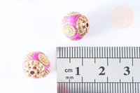 Perle indonesienne polymère rose fuchsia strass et zamac doré 12mm, ethnique exotique, x1 (G6571)