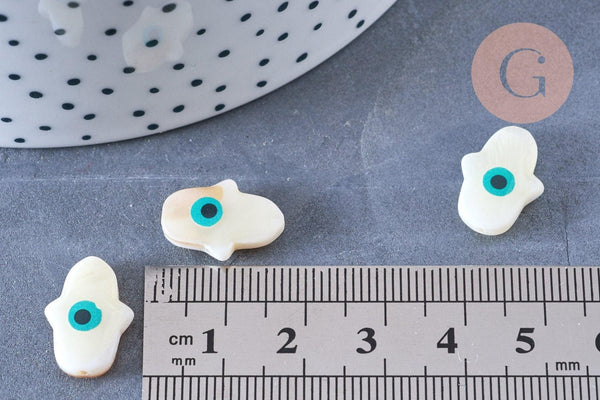 Perle main nacre blanche mauvais oeil bleu 15-16mm, x1 (G6590)