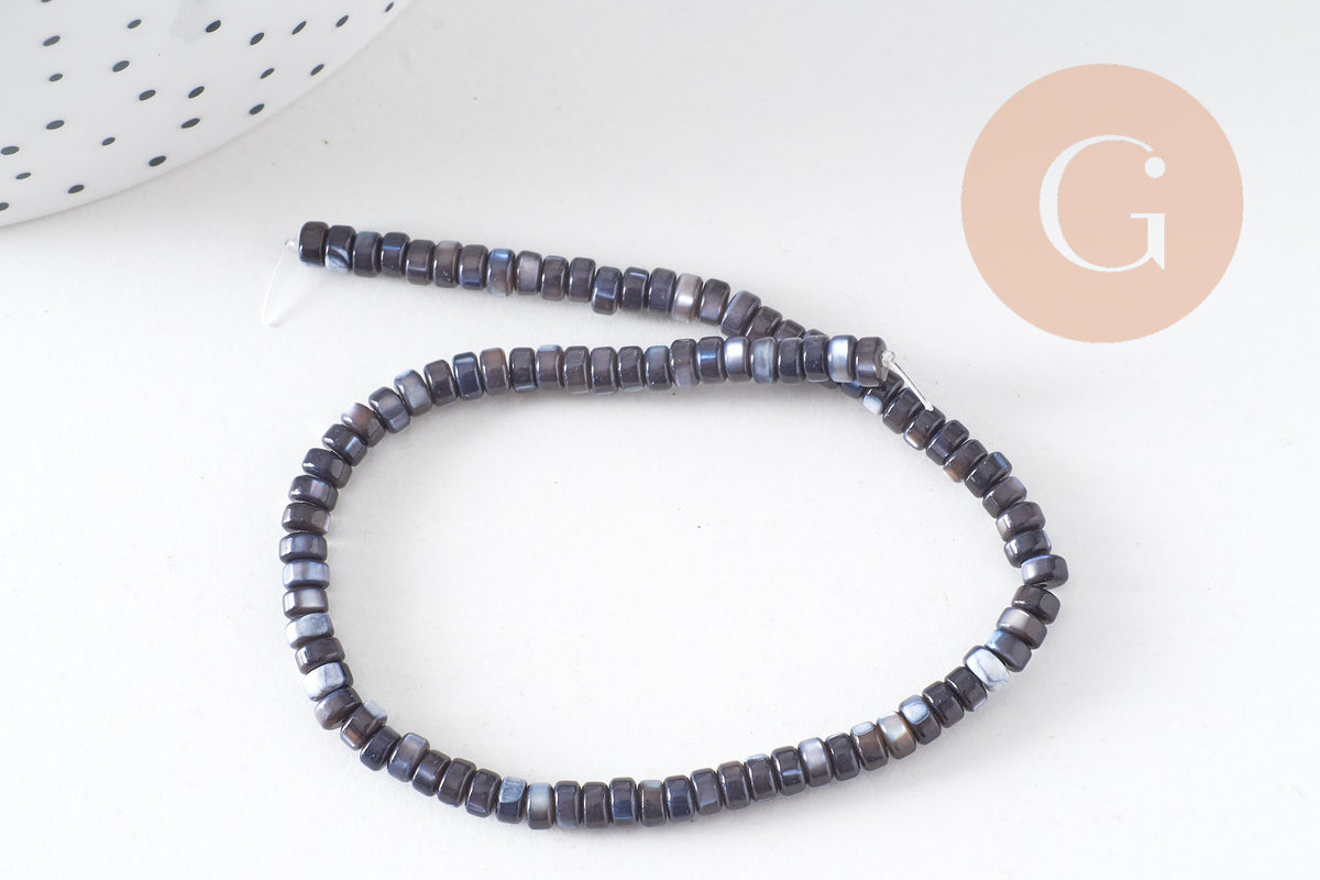 Perle nacre noire naturelle heishi, tube coquillage ivoire, 2x4mm, fil de 95 perles, x1 (G5417)