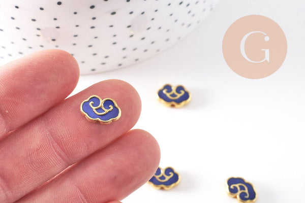 Perle nuage doré émail bleu 12mm, Pendentif japonisant pour création bijoux, x1 (G2805)