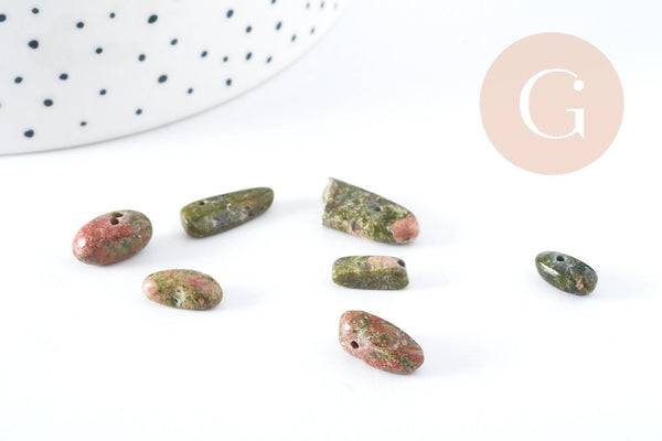 Perle ovale irrégulière unakite naturelle 10-18mm, x5 (G8293)