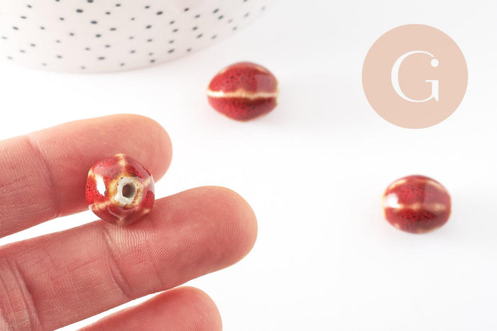 Perle ovale porcelaine rouge-marron 15.5-16mm, perle céramique, fabrication bijoux amour et amitié x5 (G9350)