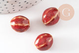 Perle ovale porcelaine rouge-marron 15.5-16mm, perle céramique, fabrication bijoux amour et amitié x5 (G9350)
