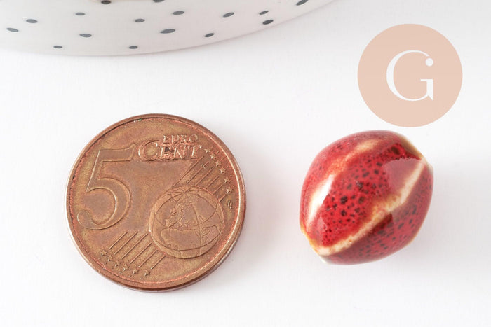 Perle ovale porcelaine rouge-marron 15.5-16mm, perle céramique, fabrication bijoux amour et amitié x5 (G9350)