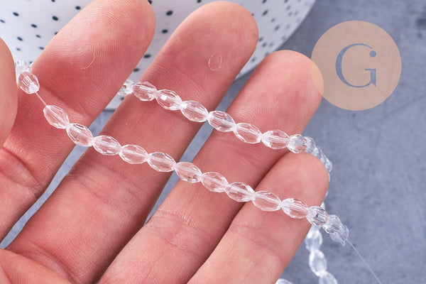 Perle ovale verre facetté transparent 6x4mm, fil de 38cm, x1 (G10584)