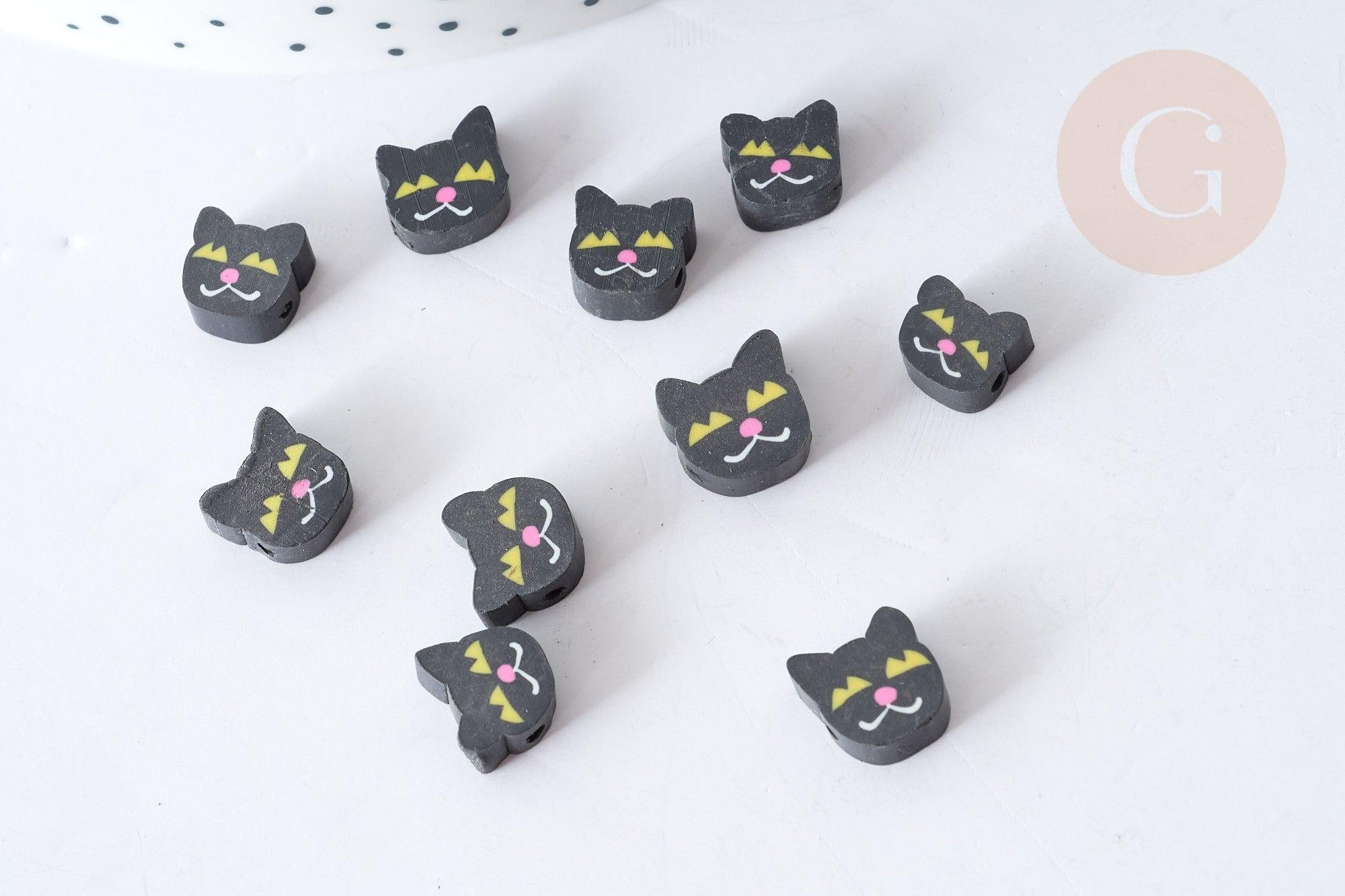 Perle polymère chats noirs, perle animal fantaisie DIY,8~10mm, x10 (G7963)