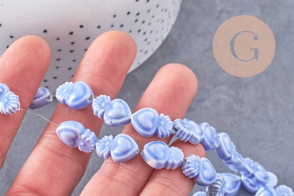 Perle porcelaine bleu tendre coeur irisé, fournitures créatives, perle céramique, 16mm, x20 G3972