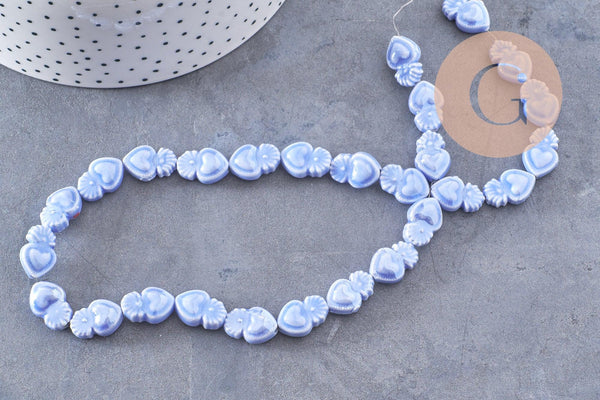 Perle porcelaine bleu tendre coeur irisé, perle céramique, 16mm, x20 (G3972)