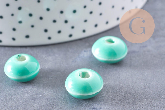 Perle porcelaine rondelle émail turquoise 12x7mm, création bijoux céramique, x10 (G7479)