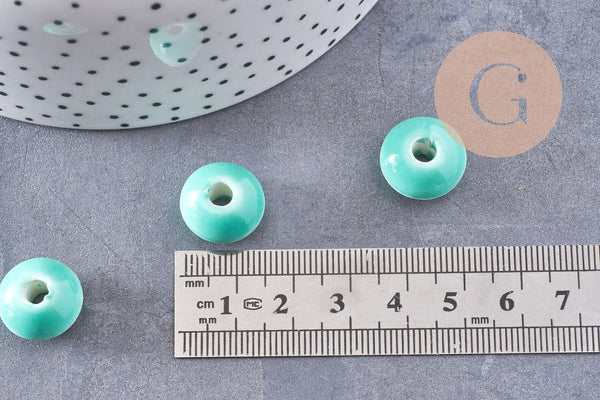 Perle porcelaine rondelle émail turquoise 12x7mm, création bijoux céramique, x10 G7479
