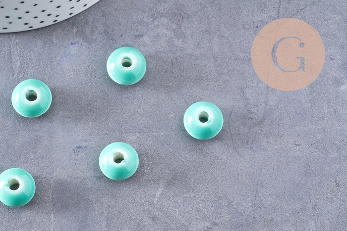 Perle porcelaine rondelle émail turquoise 12x7mm, création bijoux céramique, x10 (G7479)