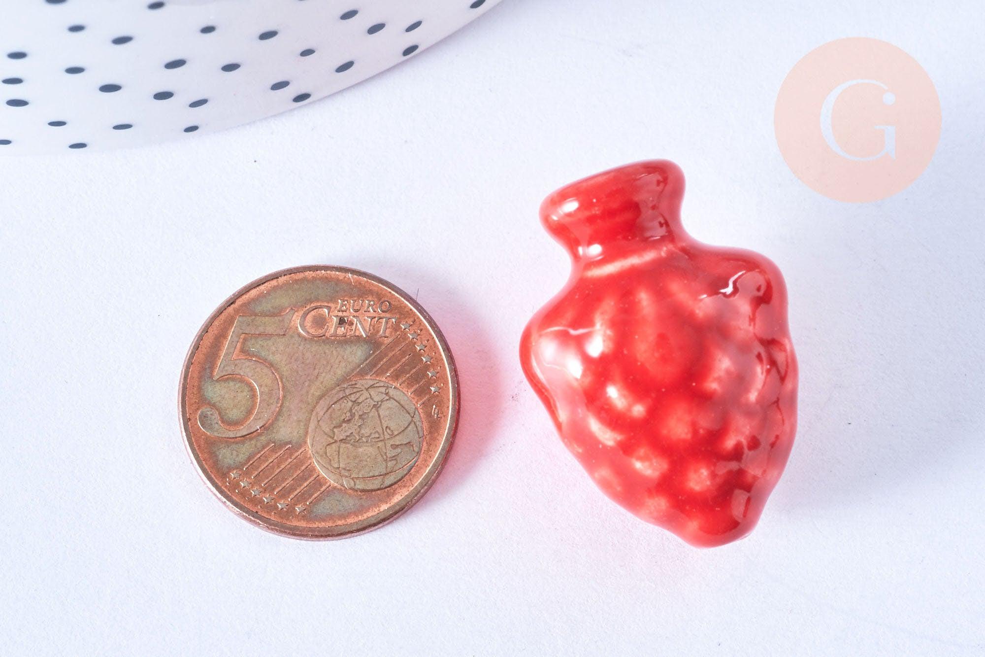 Perle porcelaine rouge pomme de pin,perle céramique, céramique blanche,19mm, x10 (G7876)