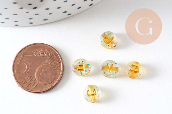 Perle ronde Lettre Alphabet plastique paillettes doré, x10Gr (G1968)