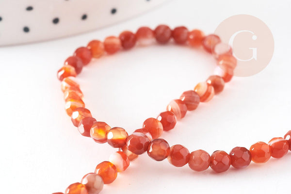 Perle ronde agate naturelle orange facettée 4mm, x1 fil de 35cm (G4481)