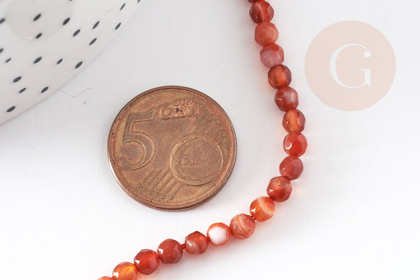 Perle ronde agate naturelle orange facettée 4mm, x1 fil de 35cm (G4481)