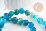 Perle ronde agate rayée bleu turquoise 8mm, x1 fil de 38cm (G3879)