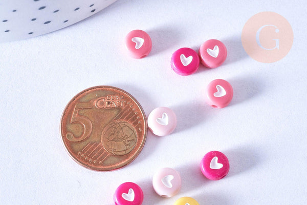 Perle ronde coeur coloré plastique 6.5mm,perle plastique ronde lettre,création bijoux,perle coeur, x 10 grammes G6634