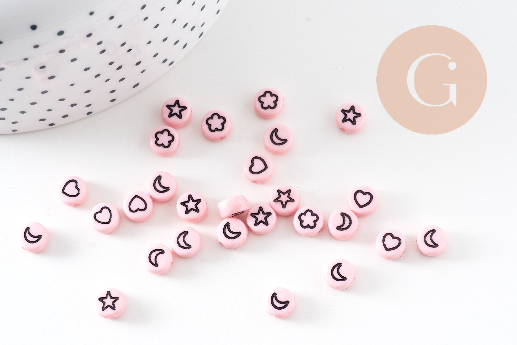 Perle ronde étoile nuage coeur lune plastique rose, x10 ou 50 grammes (G3284)