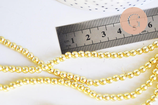 Perle ronde hématite dorée 4mm, perle hématite synthétique pierre, fil de 39cm, x1 (G6272)