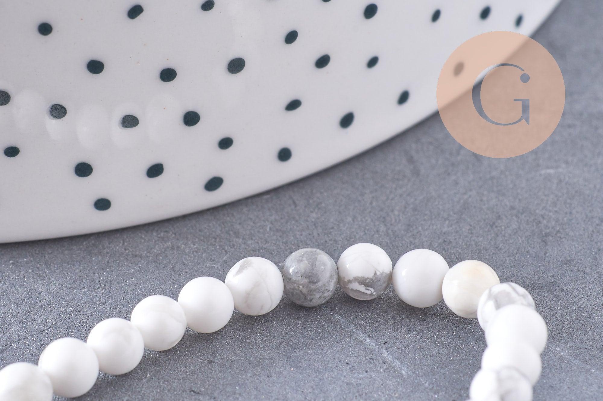 Perle ronde howlite blanche, pierre naturelle,howlite naturelle,perle pierre,4mm,fil de 19cm, x1 (G2448)