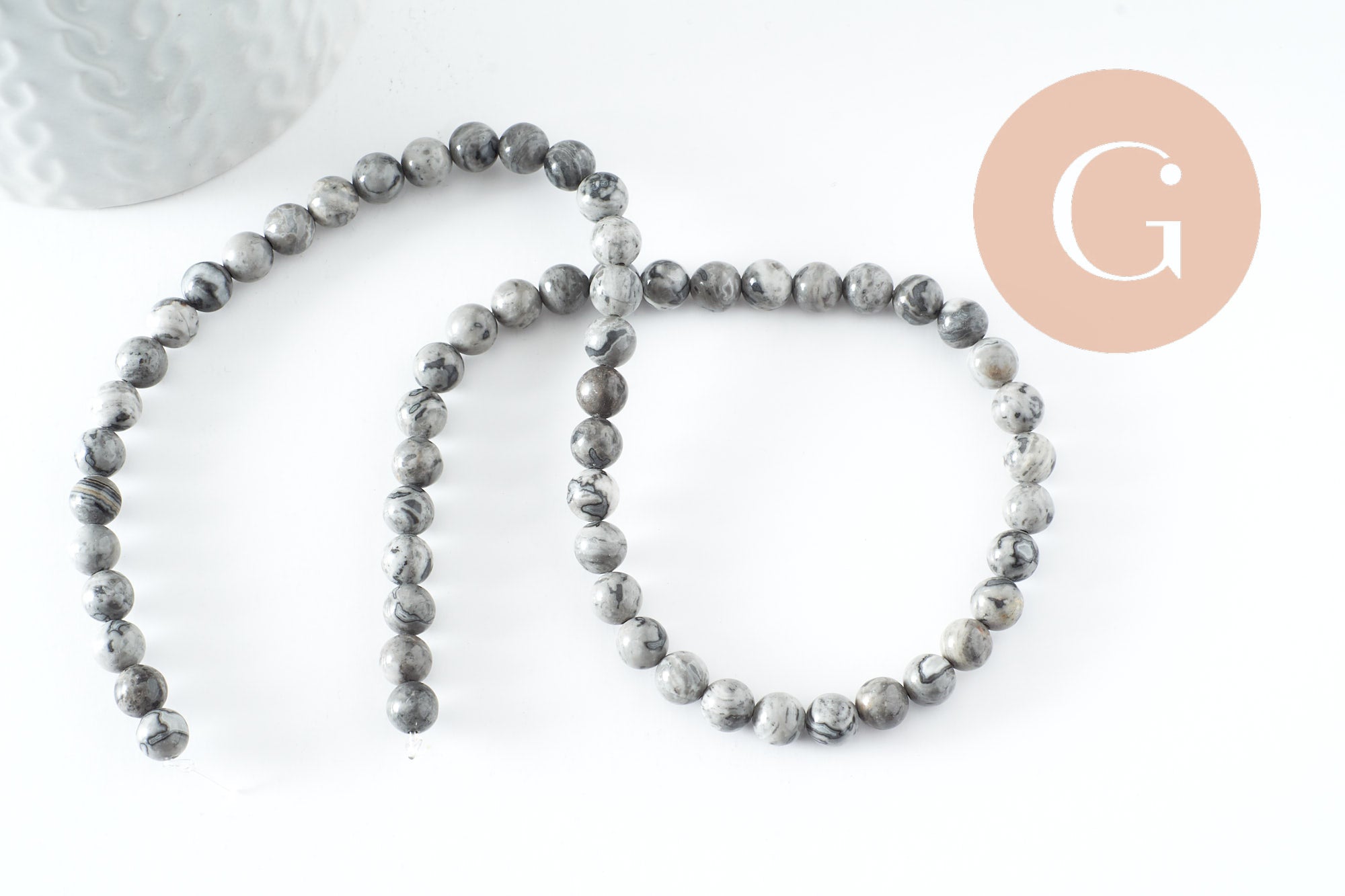 Perle ronde jaspe picasso naturel gris 6mm, x1 fil de 65 perles (G0540)