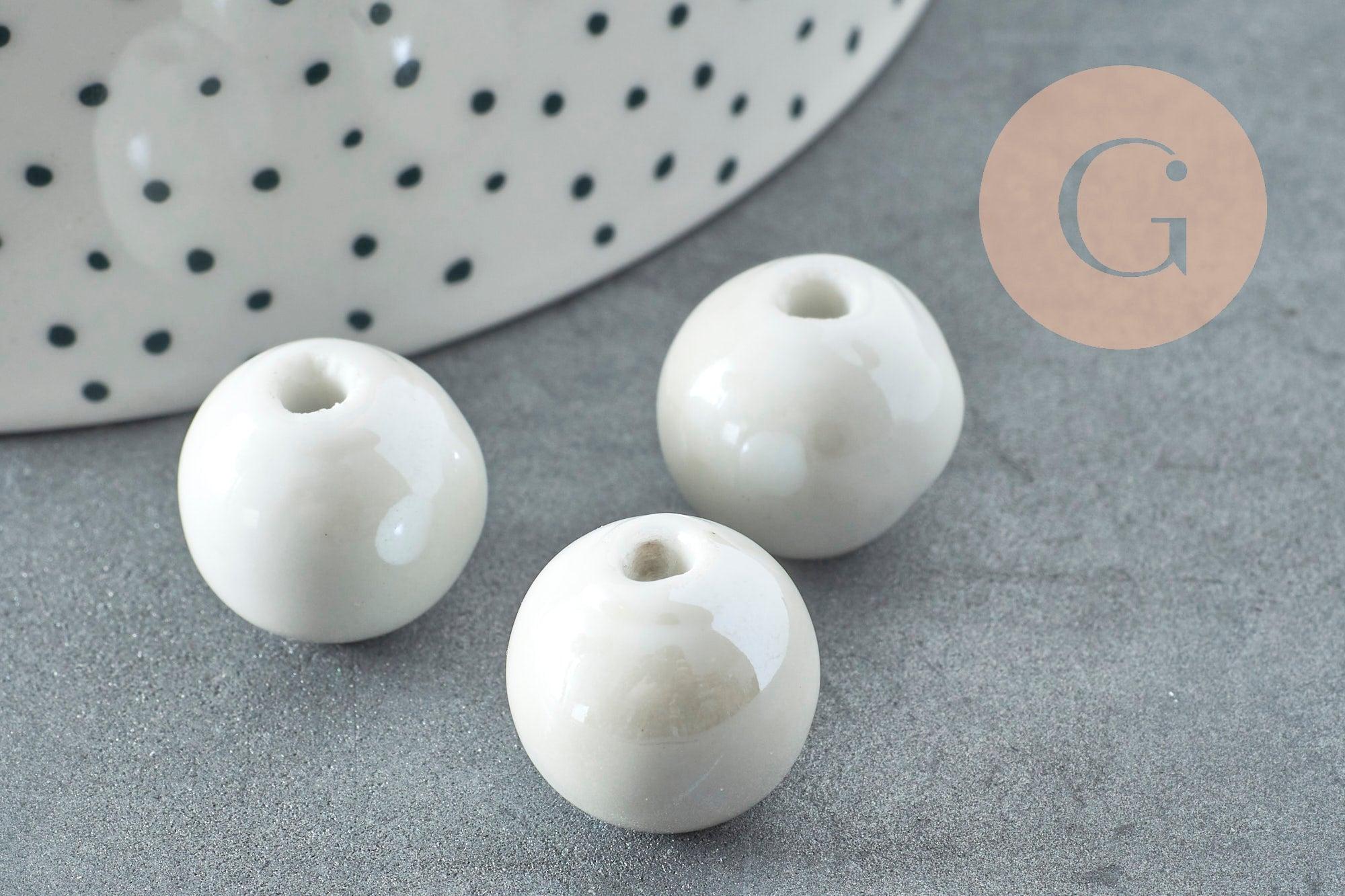 Perle ronde porcelaine émaillé gris clair 16mm,perle céramique, céramique blanche, x10 (G9447)