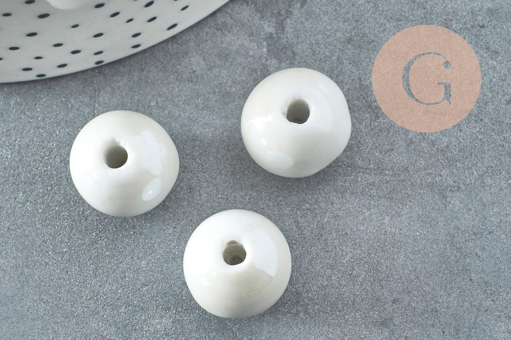 Perle ronde porcelaine émaillé gris clair 16mm,perle céramique, céramique blanche, x10 (G9447)