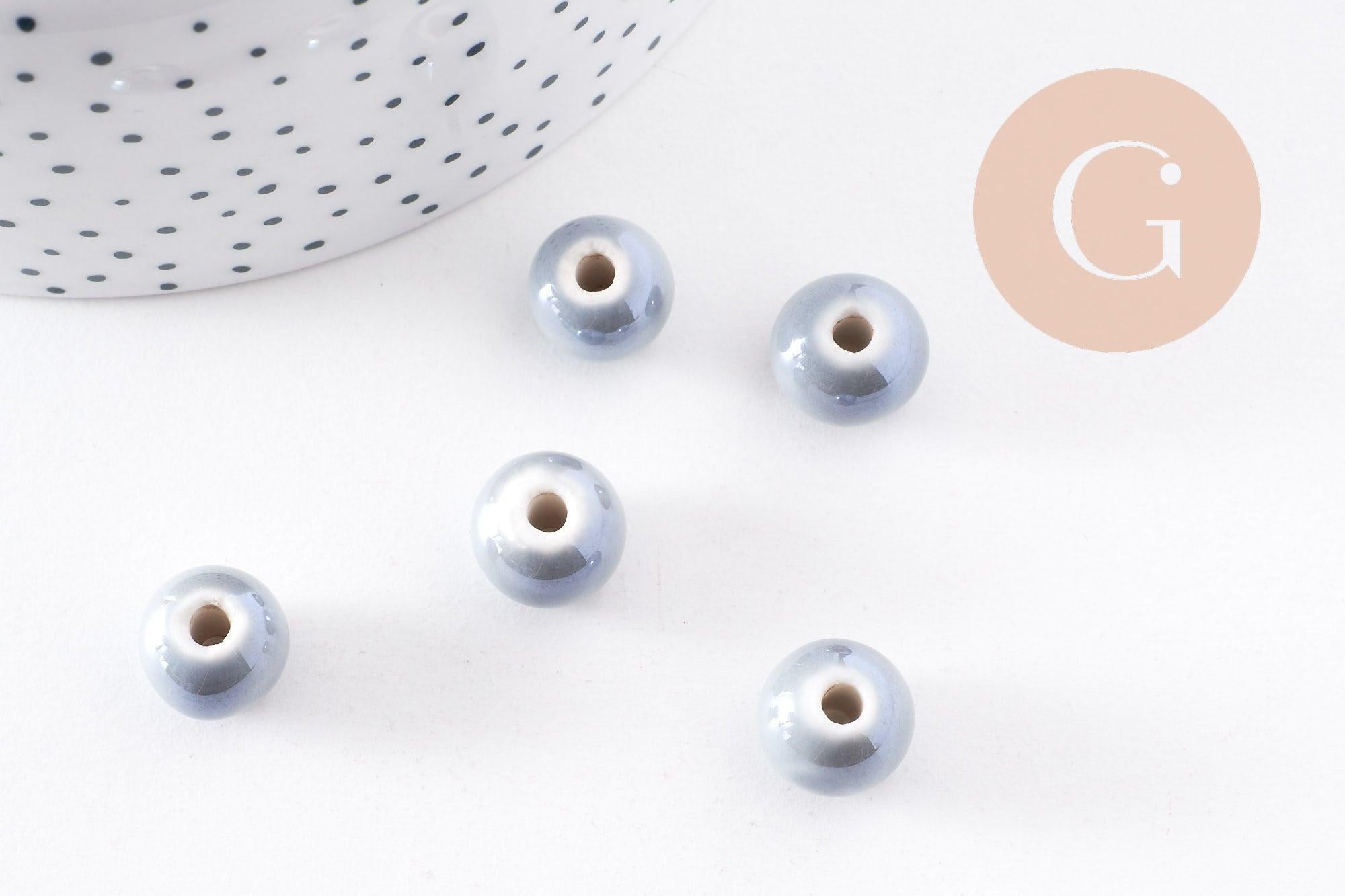 Perle ronde porcelaine gris clair,perle céramique, perle ronde, 1.2cm, x5 (G3199)
