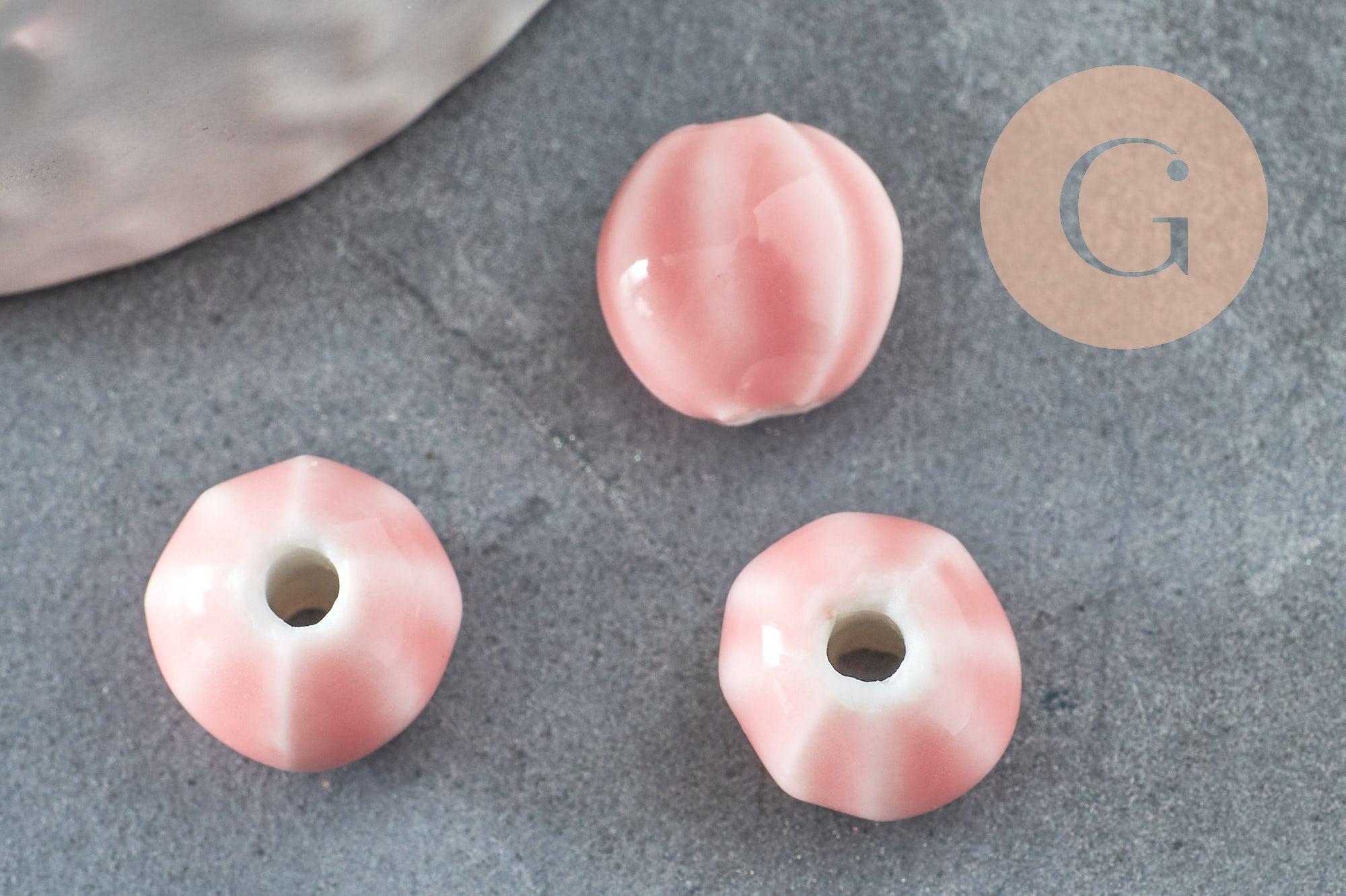 Perle ronde striée porcelaine rose 11mm, x10 (G9528)