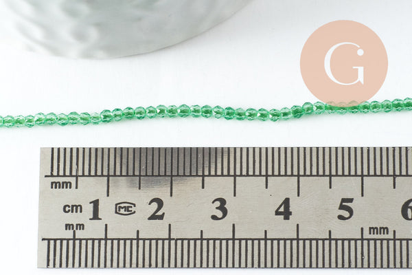 Perle ronde verre facettée transparente vert clair 2mm, DIY, fil de 37cm, x1 (G7445)