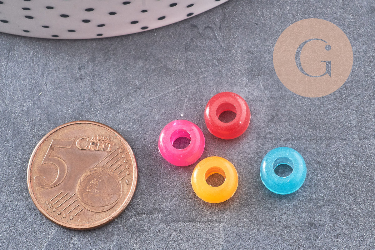Perle rondelle en plastique translucide multicolore 9mm , perle phosphorescente, couleurs mélangées, x50 (12.9G) (G9307)