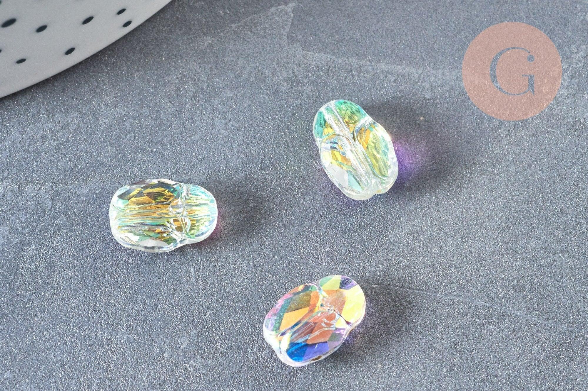 Perle scarabée verre transparent facettée cristal AB 12mm, fournitures DIY, x1 (G6833)