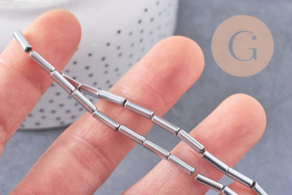 Perle tube hématite argentée 9.5mm, x1 fil de 19cm (G4484)