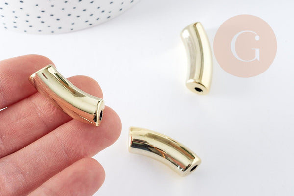 Perle tube incurvé plastique doré 33x10.5mm, perle création bijoux plastique doré,x 6 perles (G10839)
