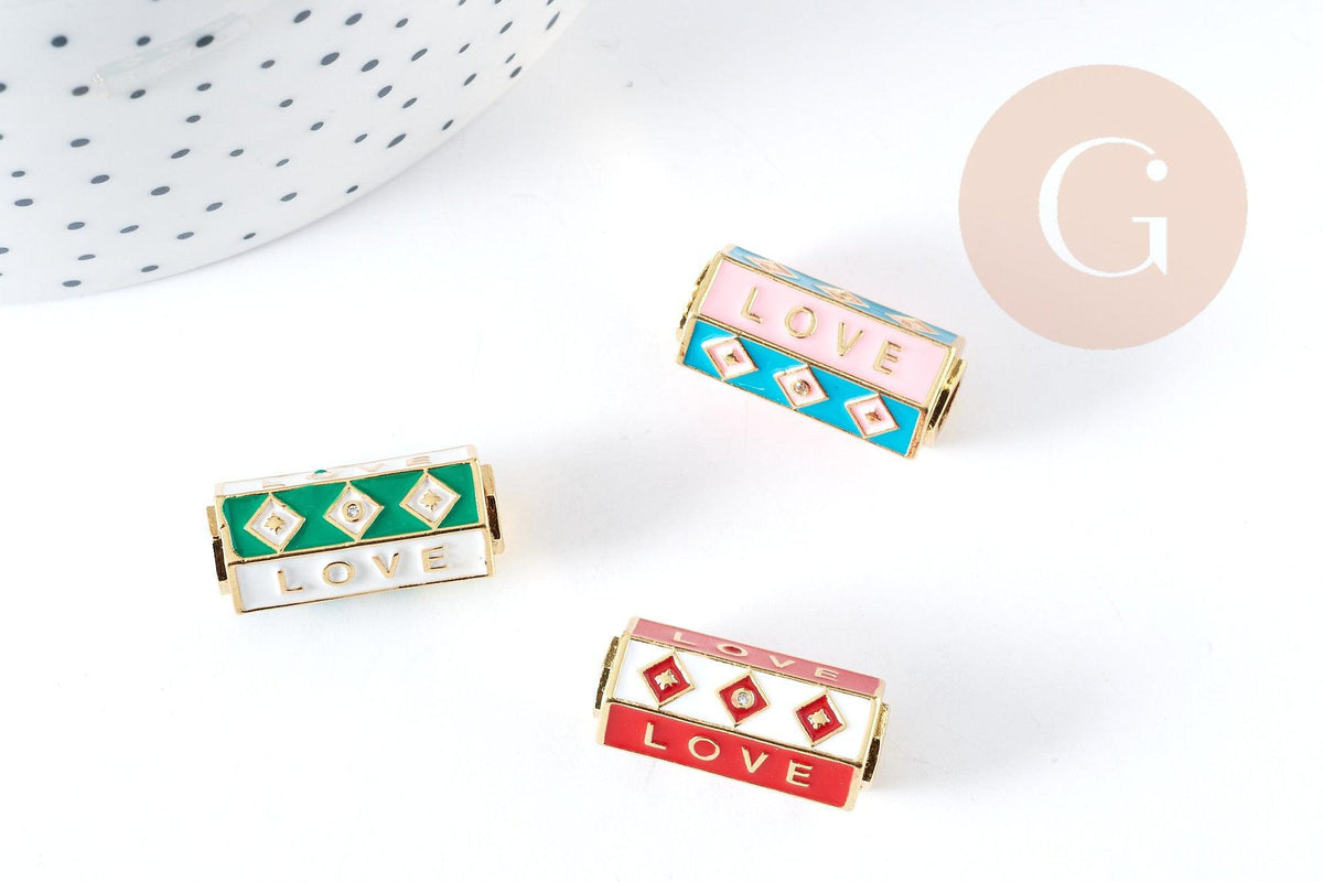 Perle tube talisman LOVE émail coloré laiton doré 22mm, perle dorée bijoux chance, x1 G9062
