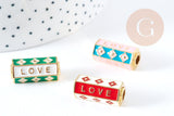 Perle tube talisman LOVE émail coloré laiton doré 22mm, perle dorée bijoux chance, x1 G9062