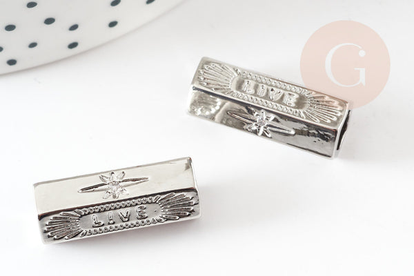 Perle tube talisman message LIVE argenté 21mm, perle argent bijoux chance, x1 G9314