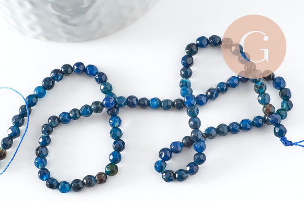 Perles Rondes facettées agate bleue foncée 4mm, perle agate naturelle, pierre gemme, perle facette,4mm,fil de 37cm x1 (G1087)